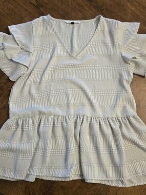 Striped White & Light Blue Peplum V-Neck Top